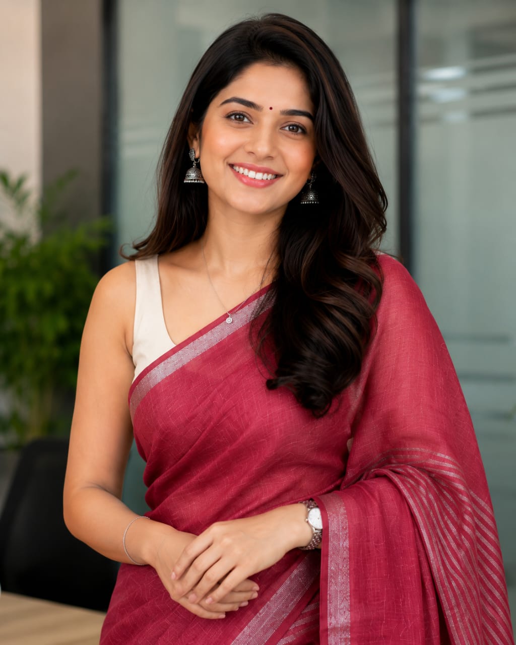 Pure Linen Saree Red
