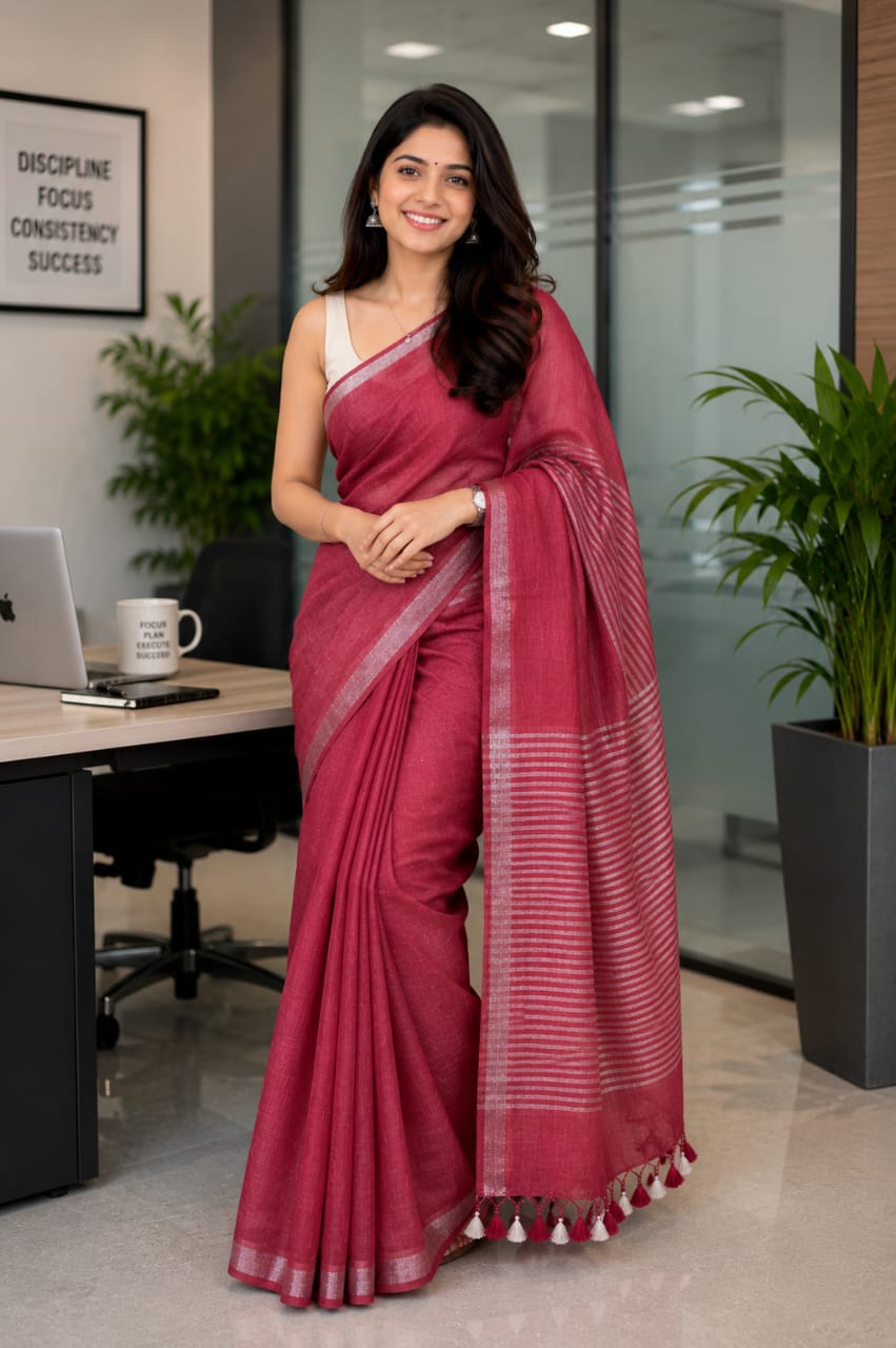 Pure Linen Saree Red
