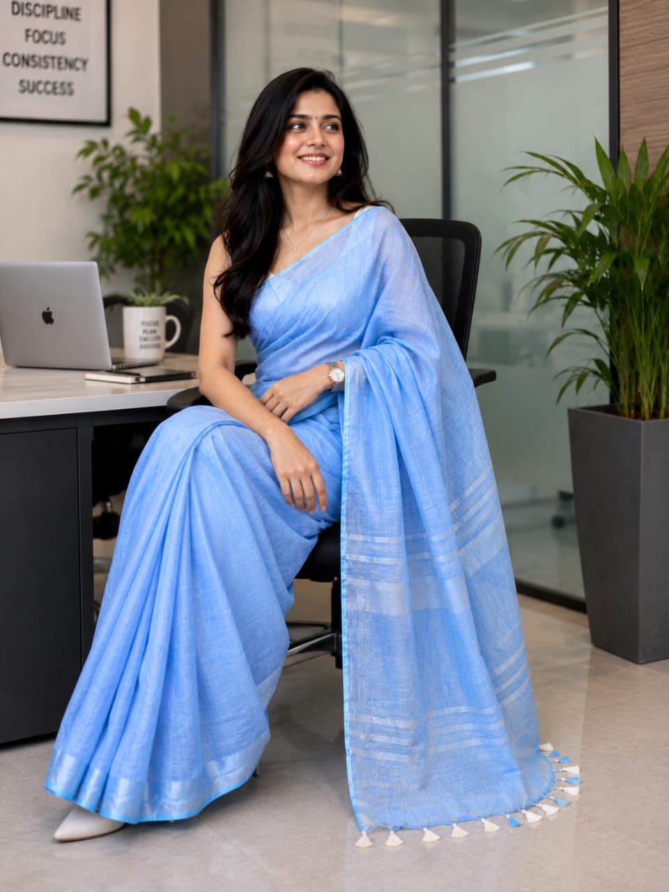 Powder Blue Pure Linen  Saree
