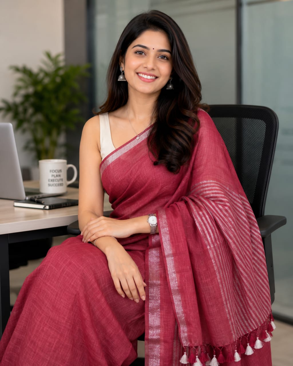 Pure Linen Saree Red