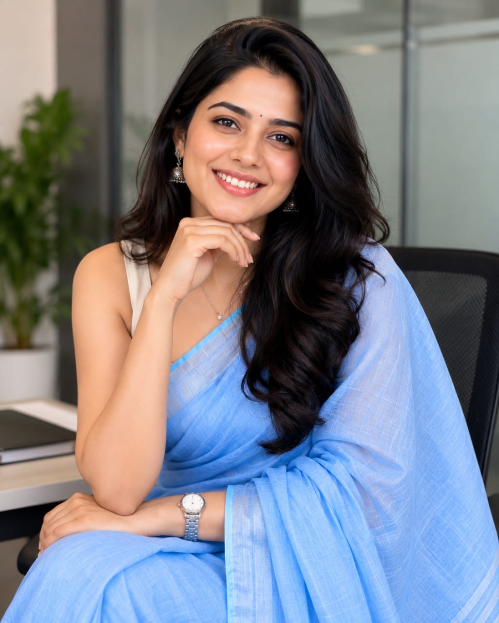 Powder Blue Pure Linen  Saree
