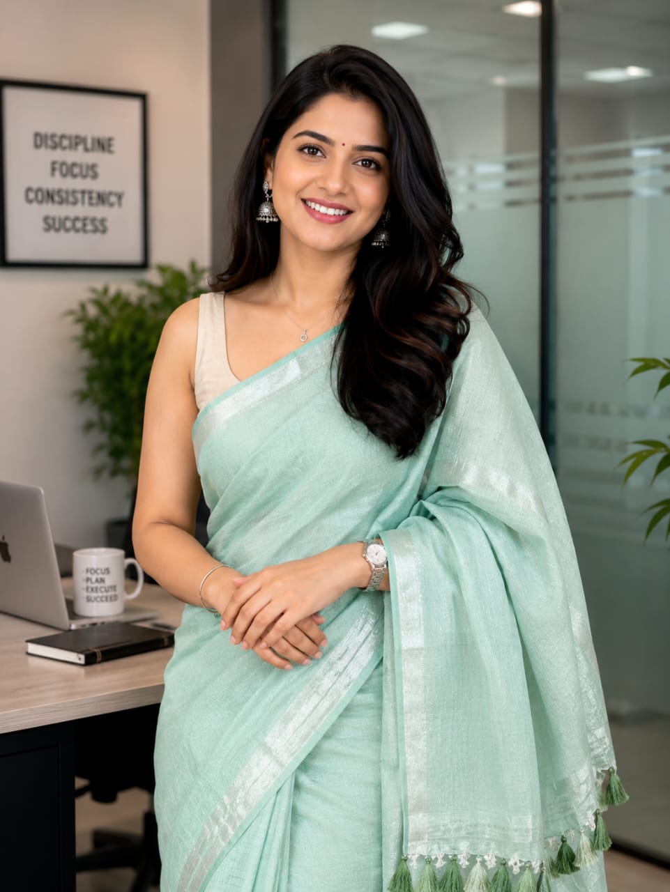 Minty Green Pure Linen Saree