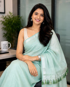 Minty Green Pure Linen Saree