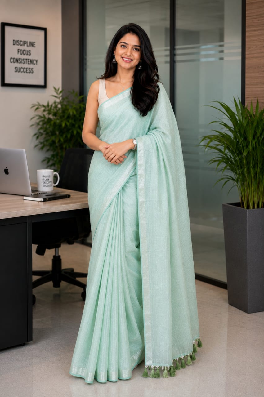 Minty Green Pure Linen Saree