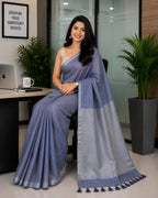 Dusty Blue Pure Linen Saree