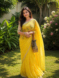 Pure Linen Saree With Hand Embroidery Yellow