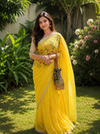 Pure Linen Saree With Hand Embroidery Yellow