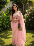 Pure Linen Saree With Hand Embroidery Peach