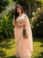 Pure Linen Saree  With Hand Embroidery Chic Peach