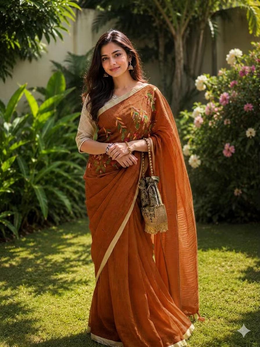 Pure Linen Saree  With Hand Embroydery Brown
