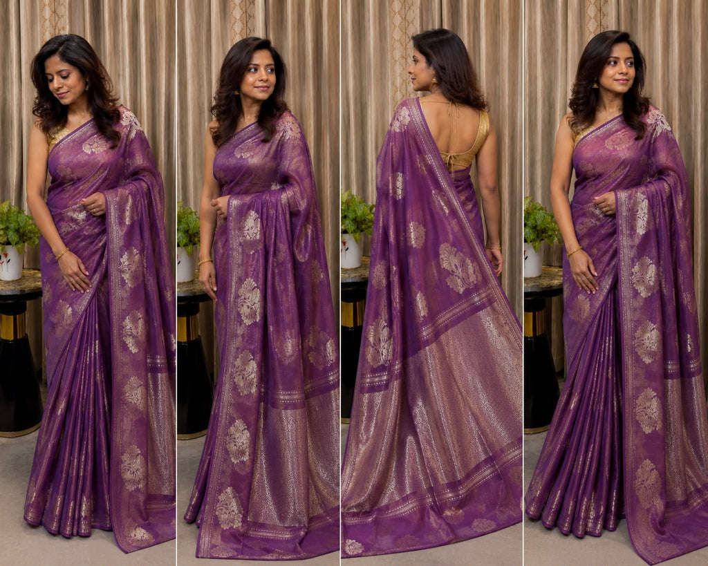 Banarasi Linen Tissue Saree Purple