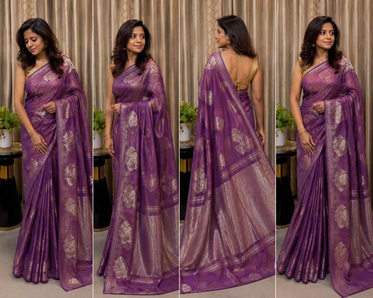 Banarasi Linen Tissue Saree Purple