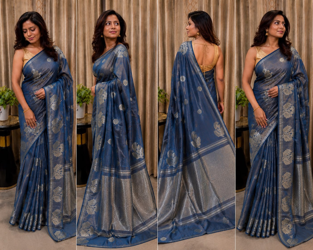 Banarasi Linen Tissue Saree Blue