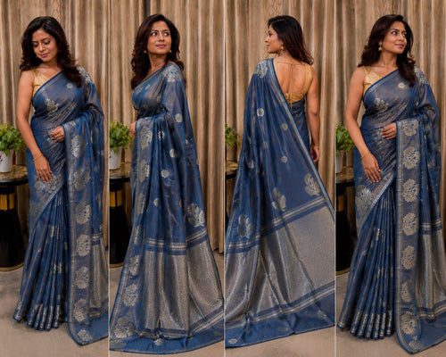 Banarasi Linen Tissue Saree Blue