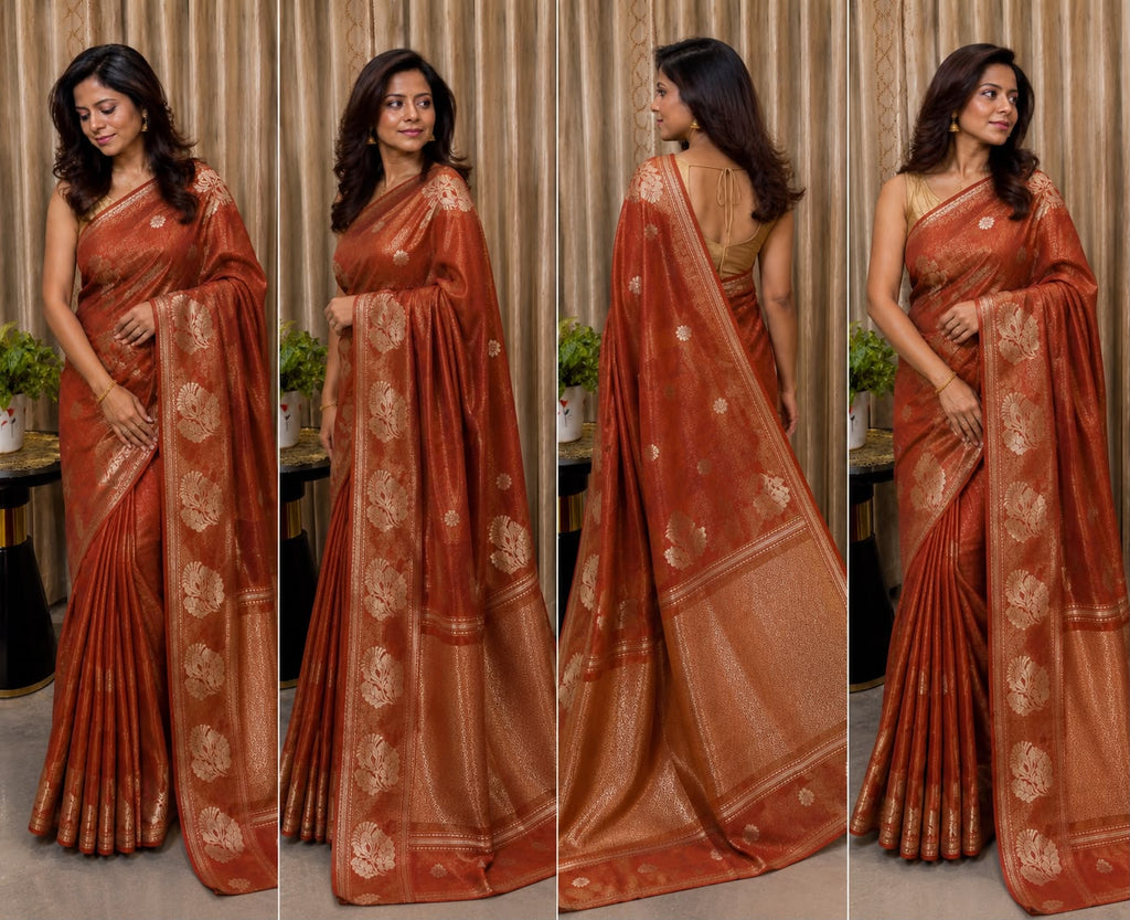 Banarasi Linen Tissue Saree Rust Orange