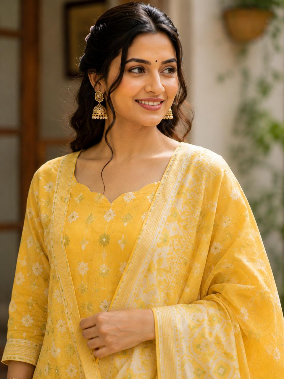 Jamdani Cotton Blend Suit Set Yellow