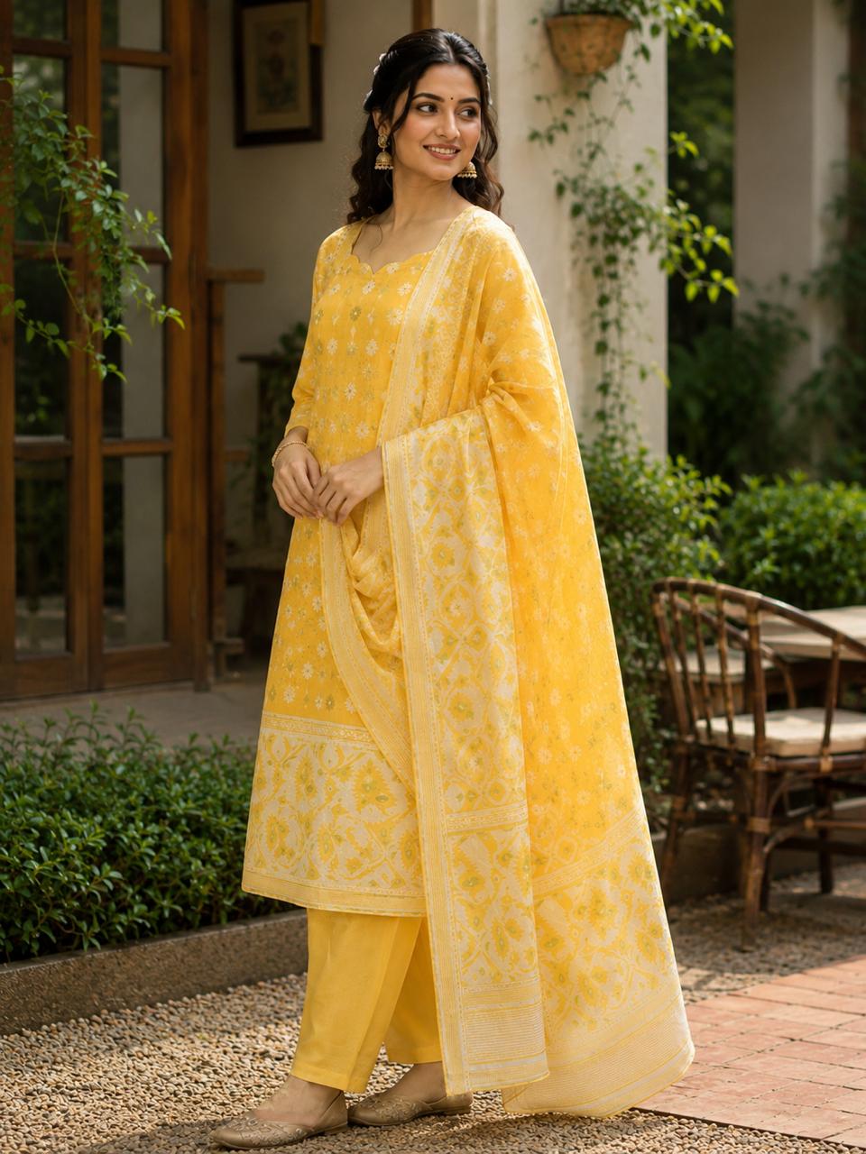 Jamdani Cotton Blend Suit Set Yellow