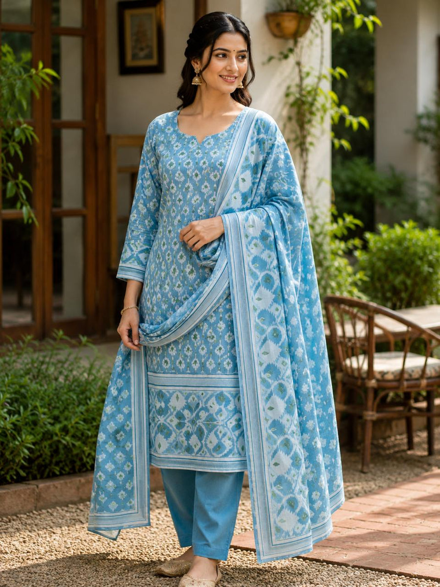 Jamdani Cotton Blend Suit Set Blue