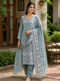 Jamdani Cotton Blend Suit Set Dusty Blue