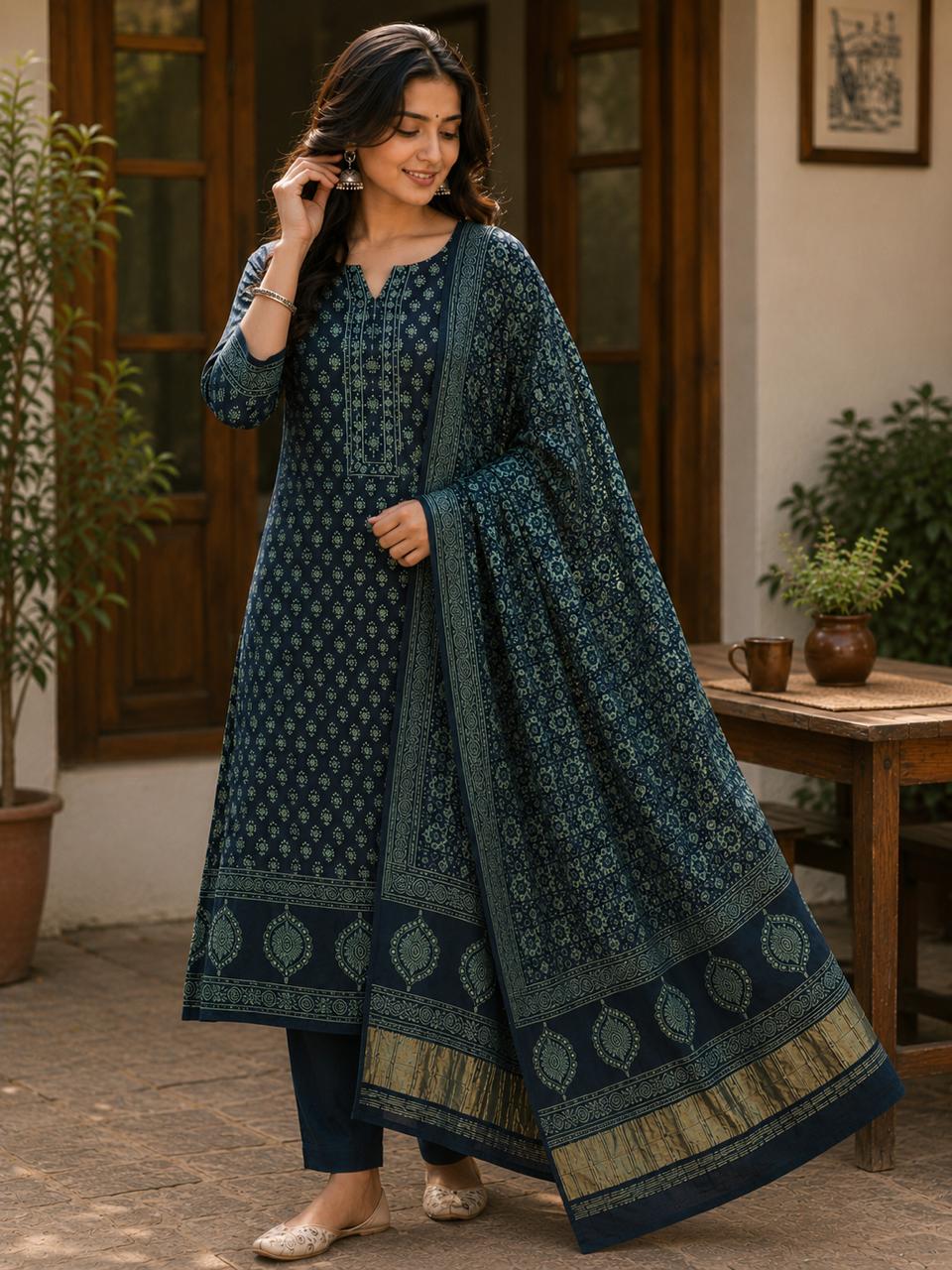 Modal Silk two piece dress material set- Indigo