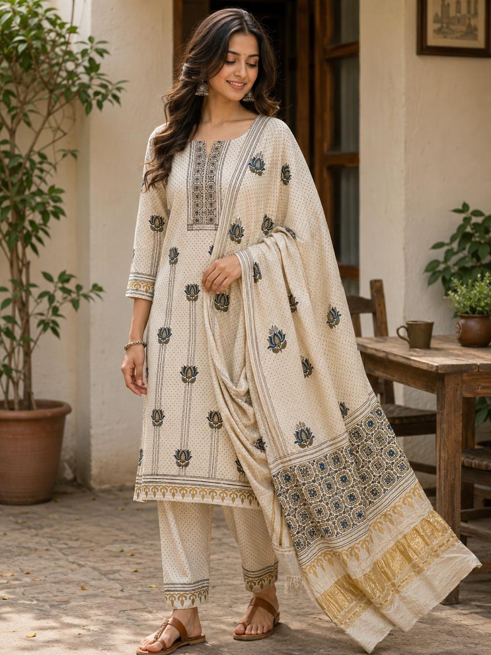 Premium Modal Silk two piece dress material set- Off White