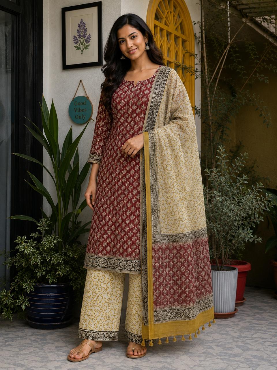 Kota Doria 3 Piece Suit Set -Maroon