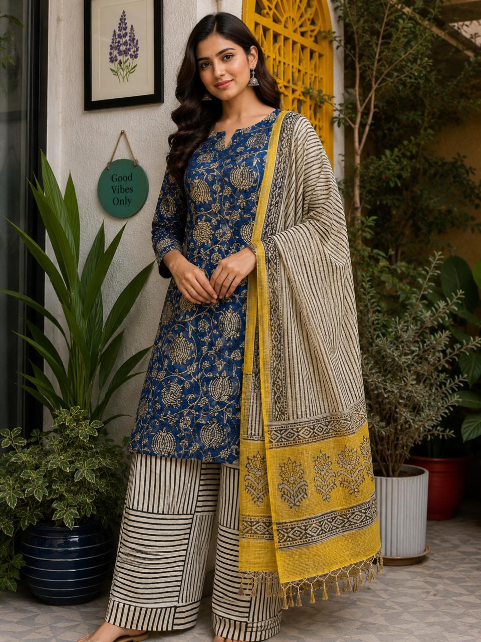Kota Doria 3 Piece Dress Material -Blue