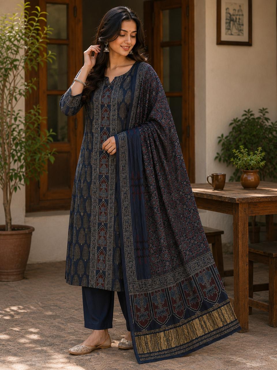 Premium Modal Silk two piece dress material set- Indigo