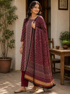 Premium 2 Piece Modal Silk Suit Set -Maroon