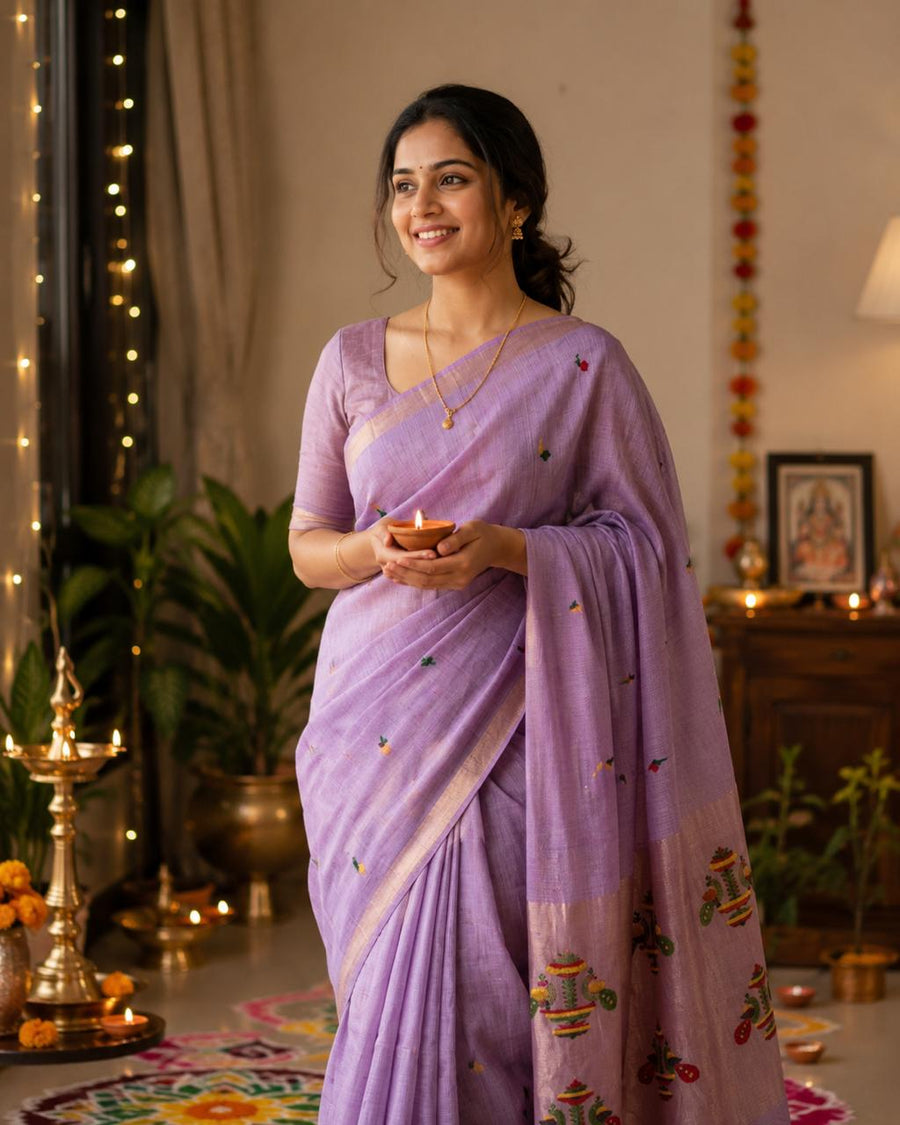 Silk Linen Jamdani Saree-Paithani Inspired