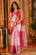 Pure Linen Saree With Rwd and Pink checks