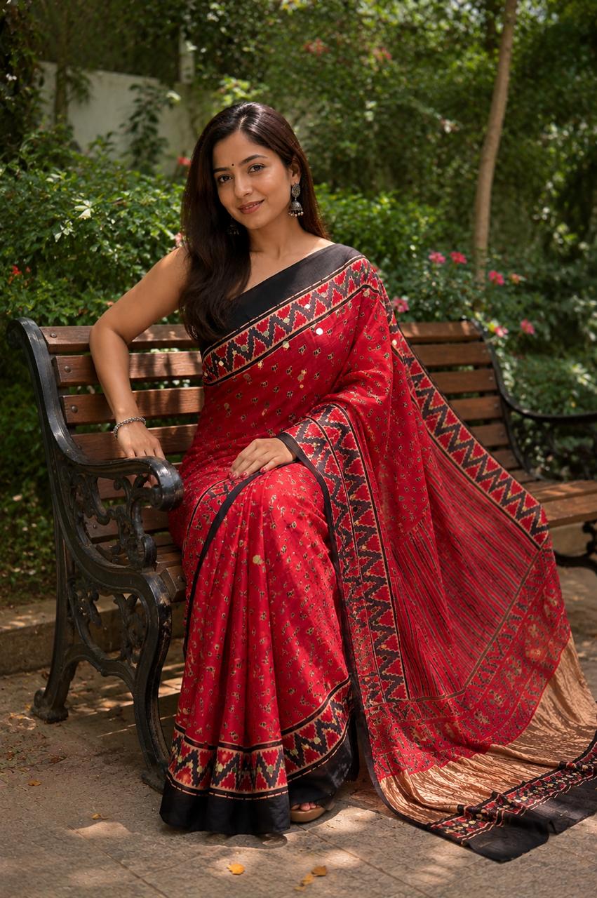 Modal Silk Saree with Mirrorwrok-red
