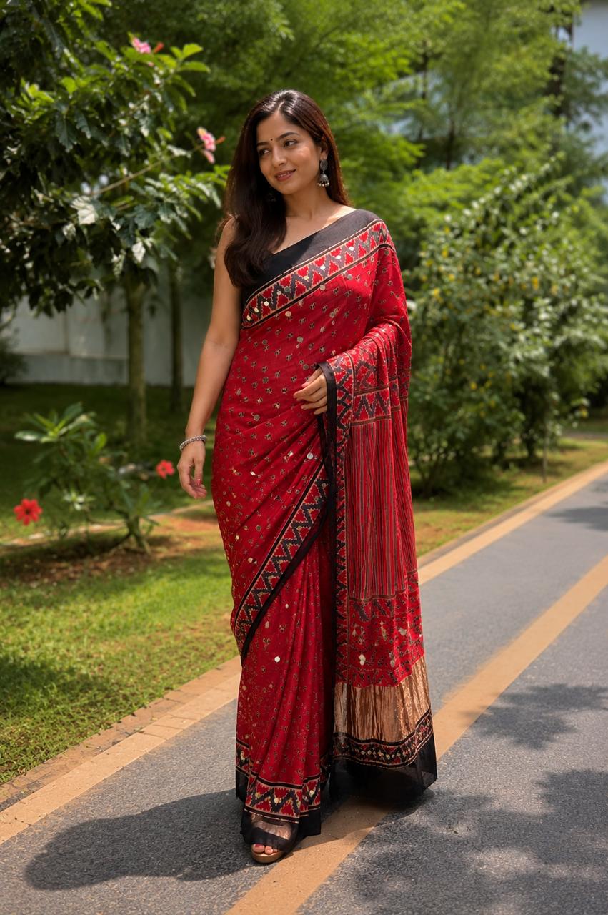 Modal Silk Saree with Mirrorwrok-red