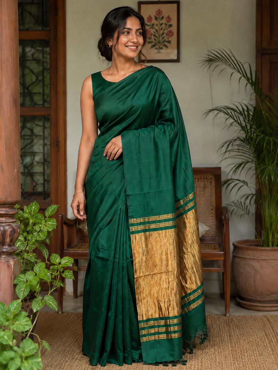 Plain Modal Silk Saree- Emerald Green