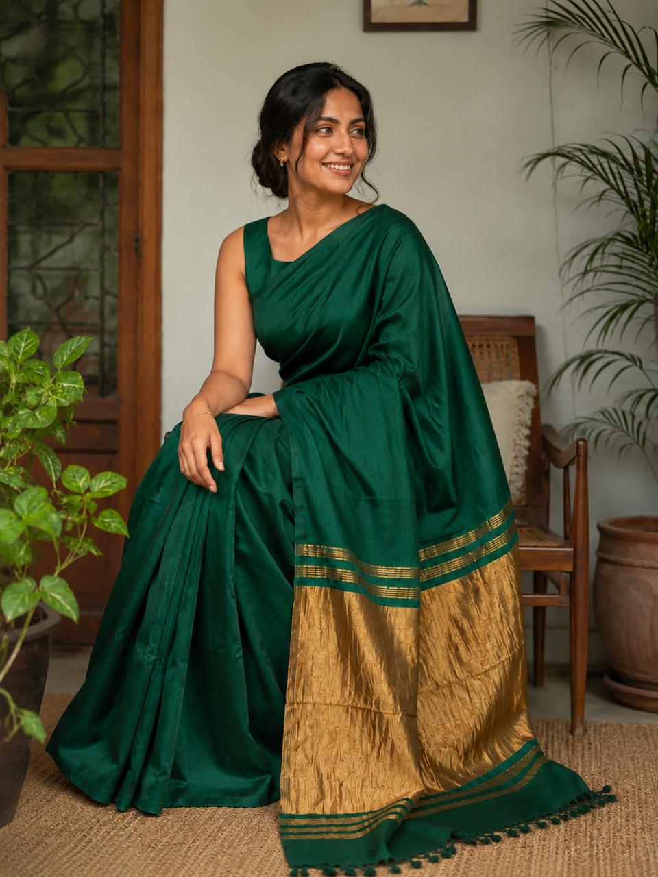 Plain Modal Silk Saree- Emerald Green