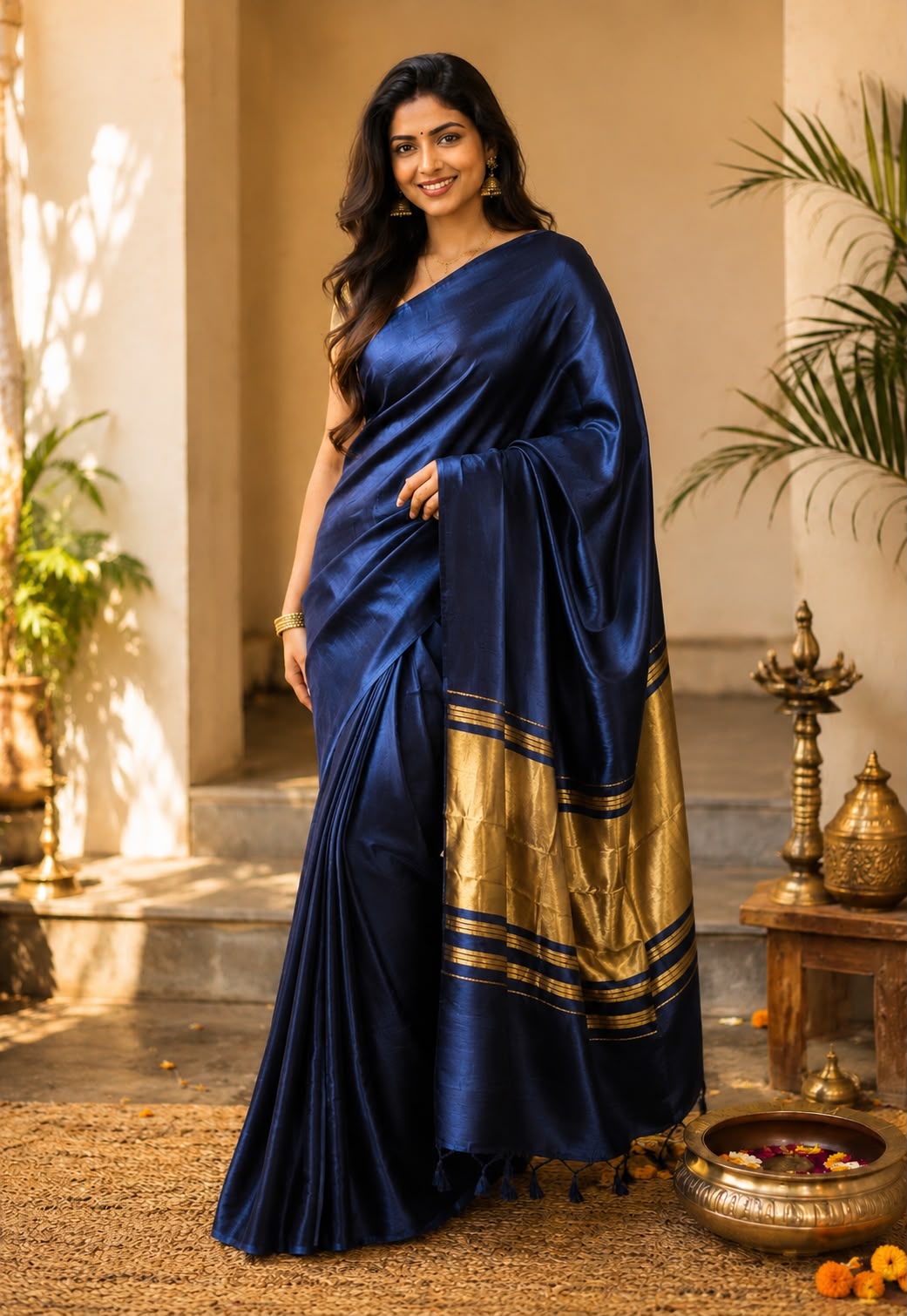 Plain Modal Silk Saree -Navy Blue