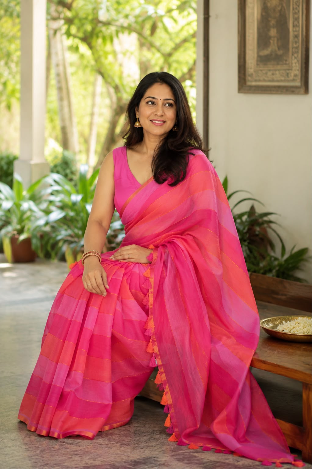 Mul Cotton Saree red-pink striped