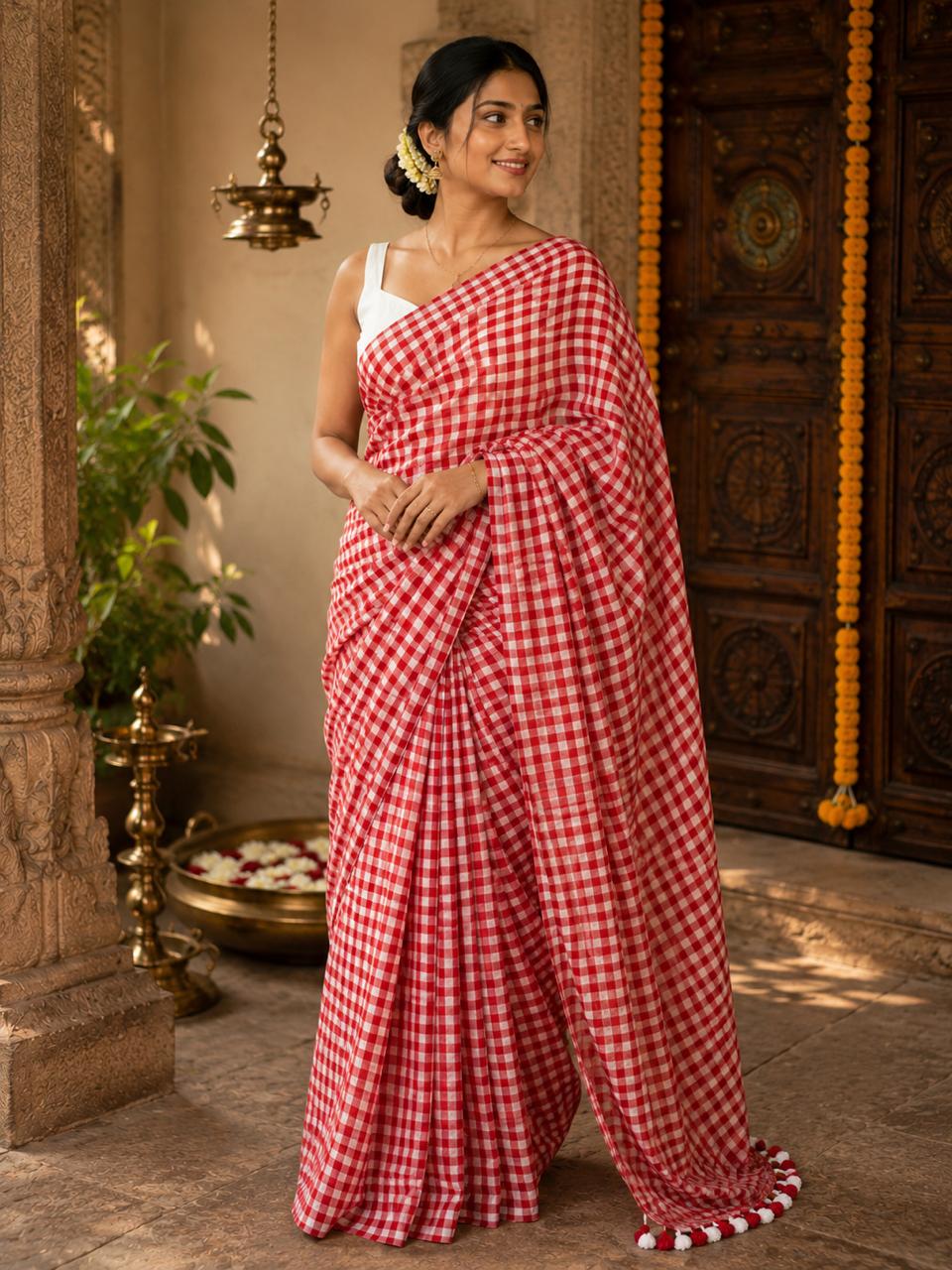 Mul Cotton-  Checkered Saree With Tassel Border RED