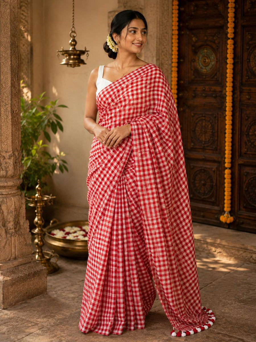 Mul Cotton-  Checkered Saree With Tassel Border RED