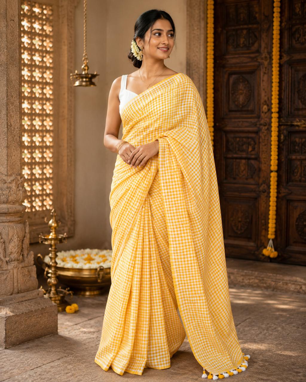 Mul Cotton-  Checkered Saree With Tassel Border Yellow