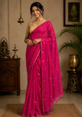 Mul Cotton  Saree with Chumki Work and Tassels Pink
