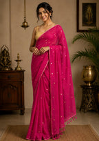 Mul Cotton  Saree with Chumki Work and Tassels Pink