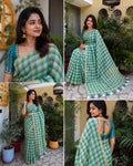Mul Cotton-  Checkered Saree With Tassel Border Green