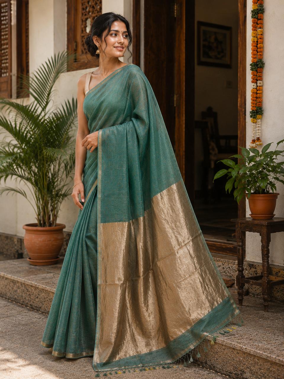 Silk Linen Saree Green