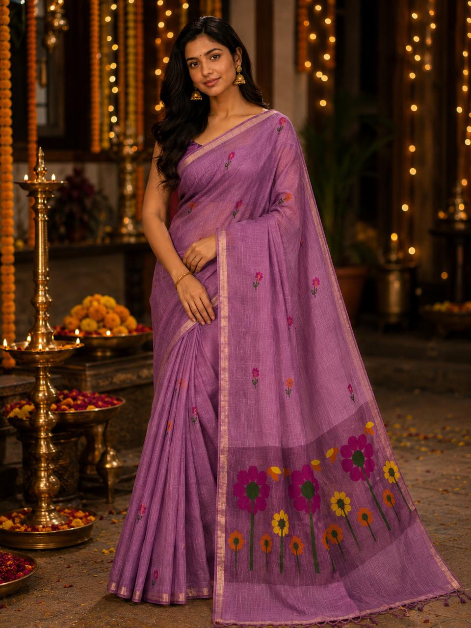 Silk Linen Jamdani Saree Mauve