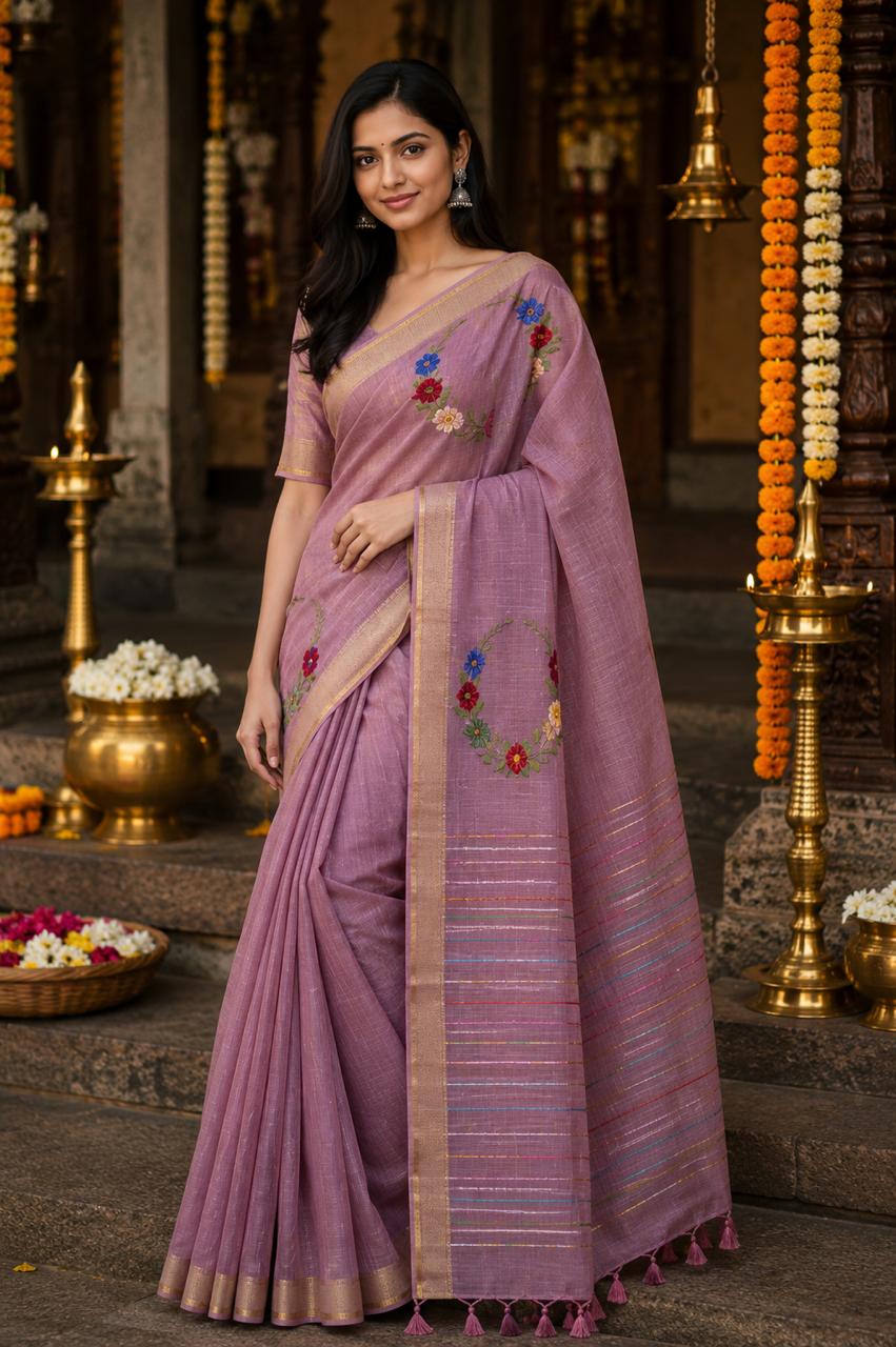 Silk Linen Saree With Hand Embroidery Mauve