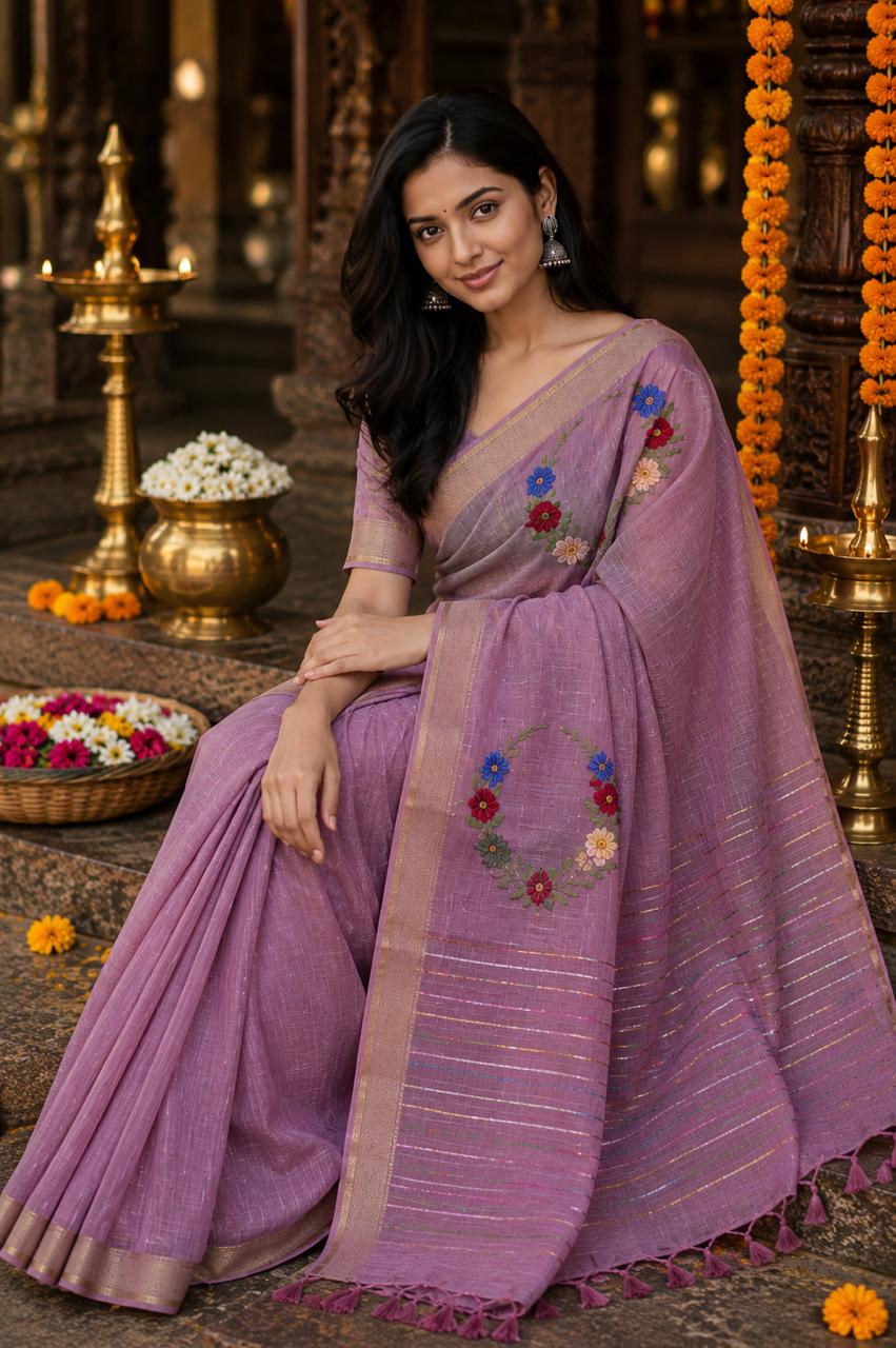 Silk Linen Saree With Hand Embroidery Mauve