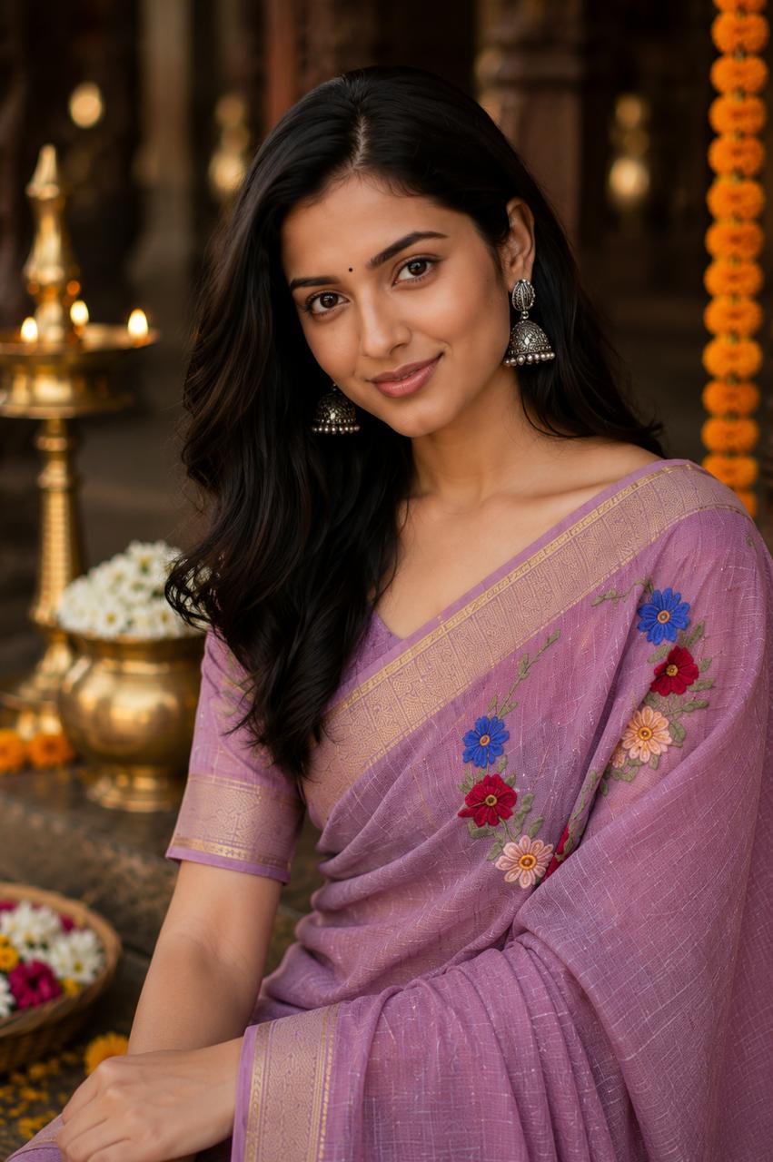 Silk Linen Saree With Hand Embroidery Mauve