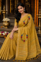 Silk Linen Saree  with Hand Embroidery Yellow