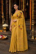 Silk Linen Saree  with Hand Embroidery Yellow